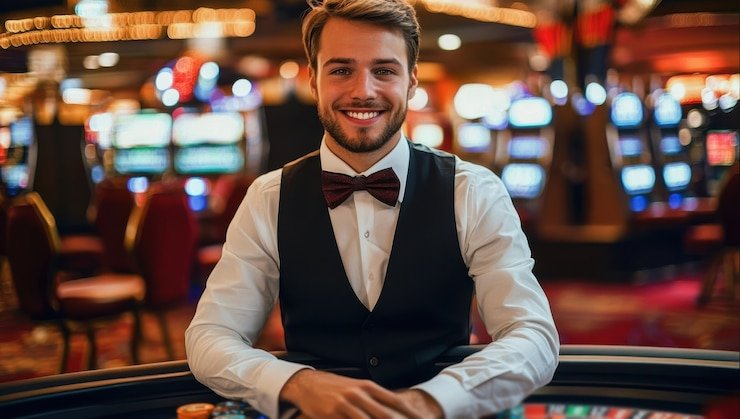 Studio Live Baccarat di romsfum dengan dealer dan meja permainan